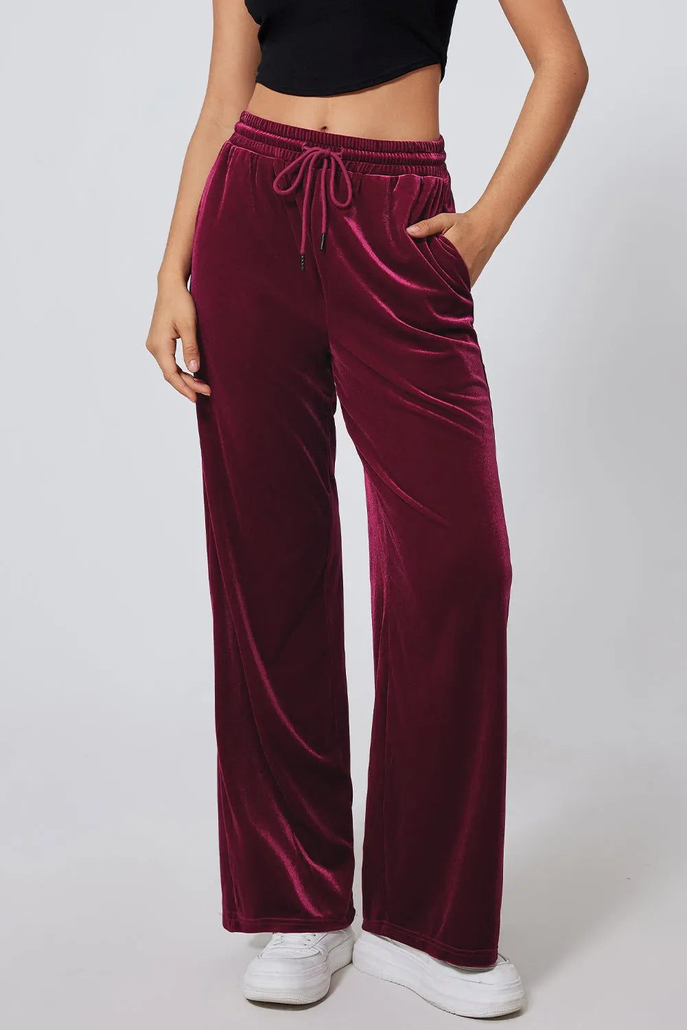 Burgundy Solid Drawstring Waist Wide Leg Pants - Chic Meadow Boutique 