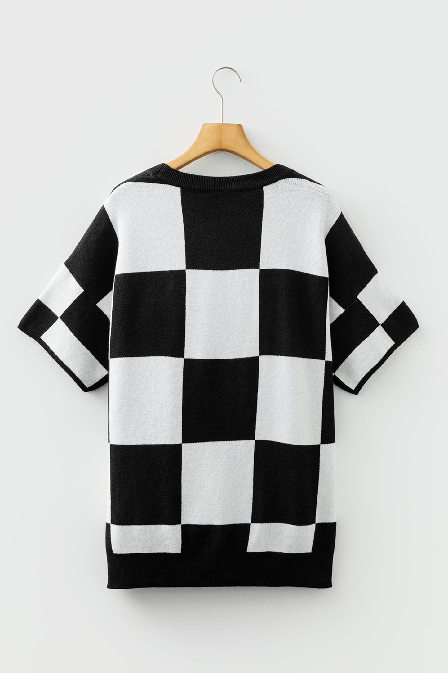 Black Checkered Pattern Loose Drop Shoulder Half Sleeve Sweater