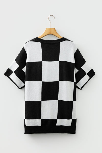 Black Checkered Pattern Loose Drop Shoulder Half Sleeve Sweater