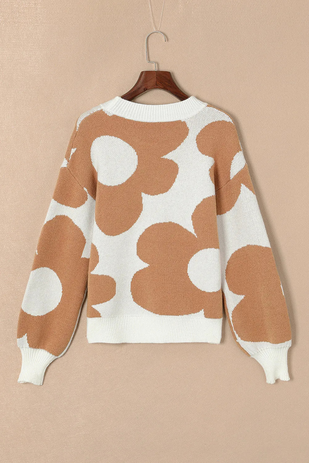 Khaki Big Flower Pattern Drop Shoulder Sweater - Chic Meadow Boutique 