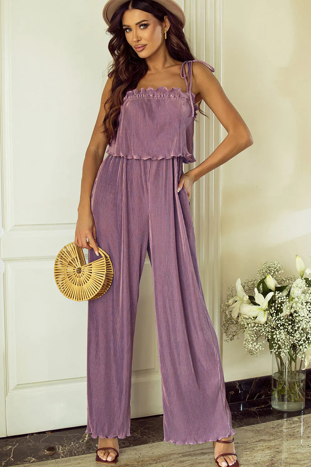 Rose Tan Solid Self Tied Straps Pleated Wide Leg Jumpsuit - Chic Meadow Boutique 