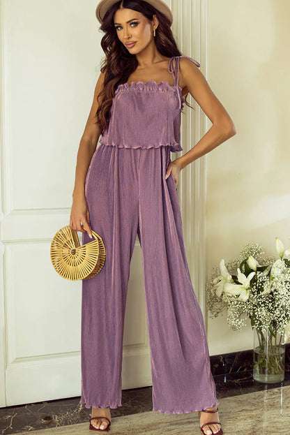 Rose Tan Solid Self Tied Straps Pleated Wide Leg Jumpsuit - Chic Meadow Boutique 