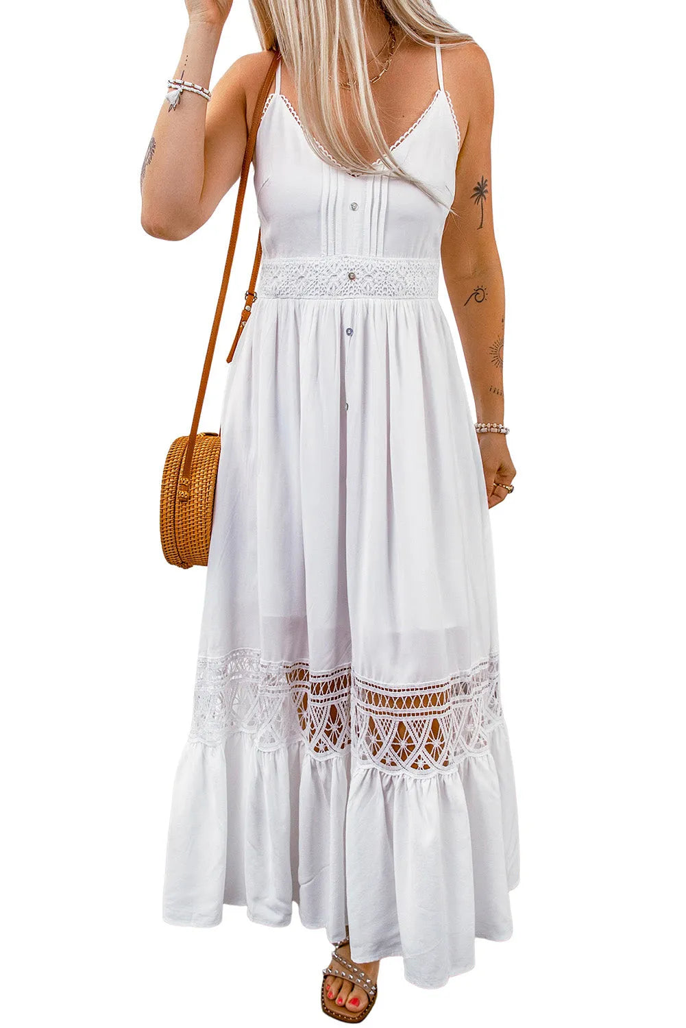 White Lace Splice Button Decor Spaghetti Strap Maxi Dress - Chic Meadow Boutique 