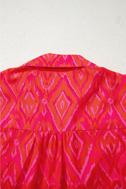 Strawberry Pink Western Aztec Geometric Ruffled 3/4 Sleeve Shirt