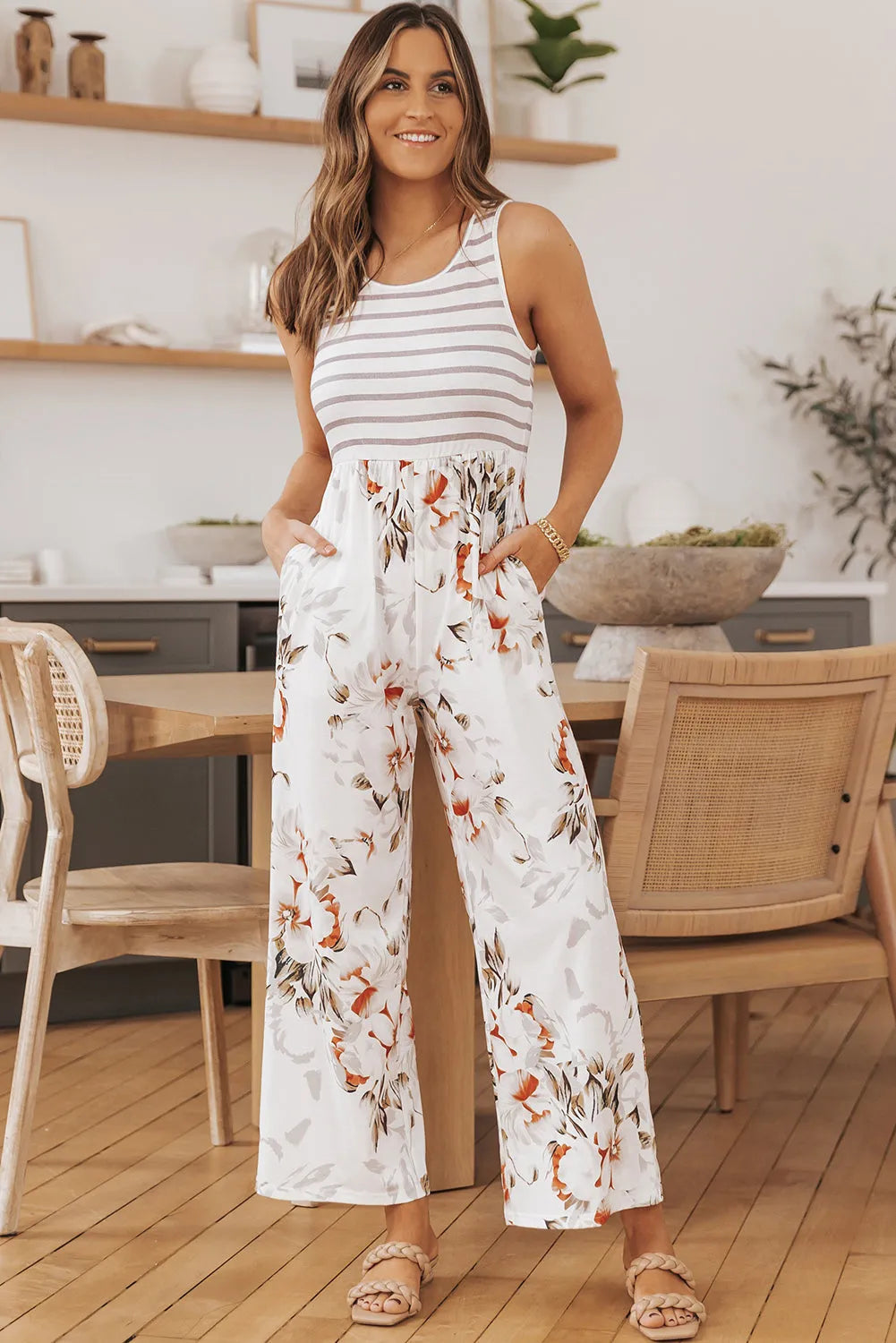 White Striped Floral Pocket Sleeveless Jumpsuit - Chic Meadow Boutique 