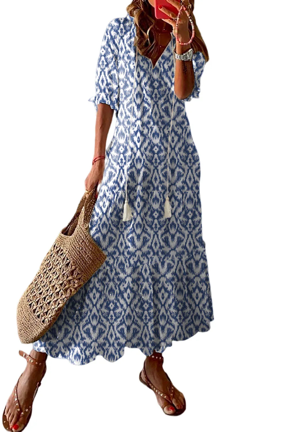 Sky Blue V Neck Casual Geometric Print Maxi Dress - Chic Meadow Boutique 