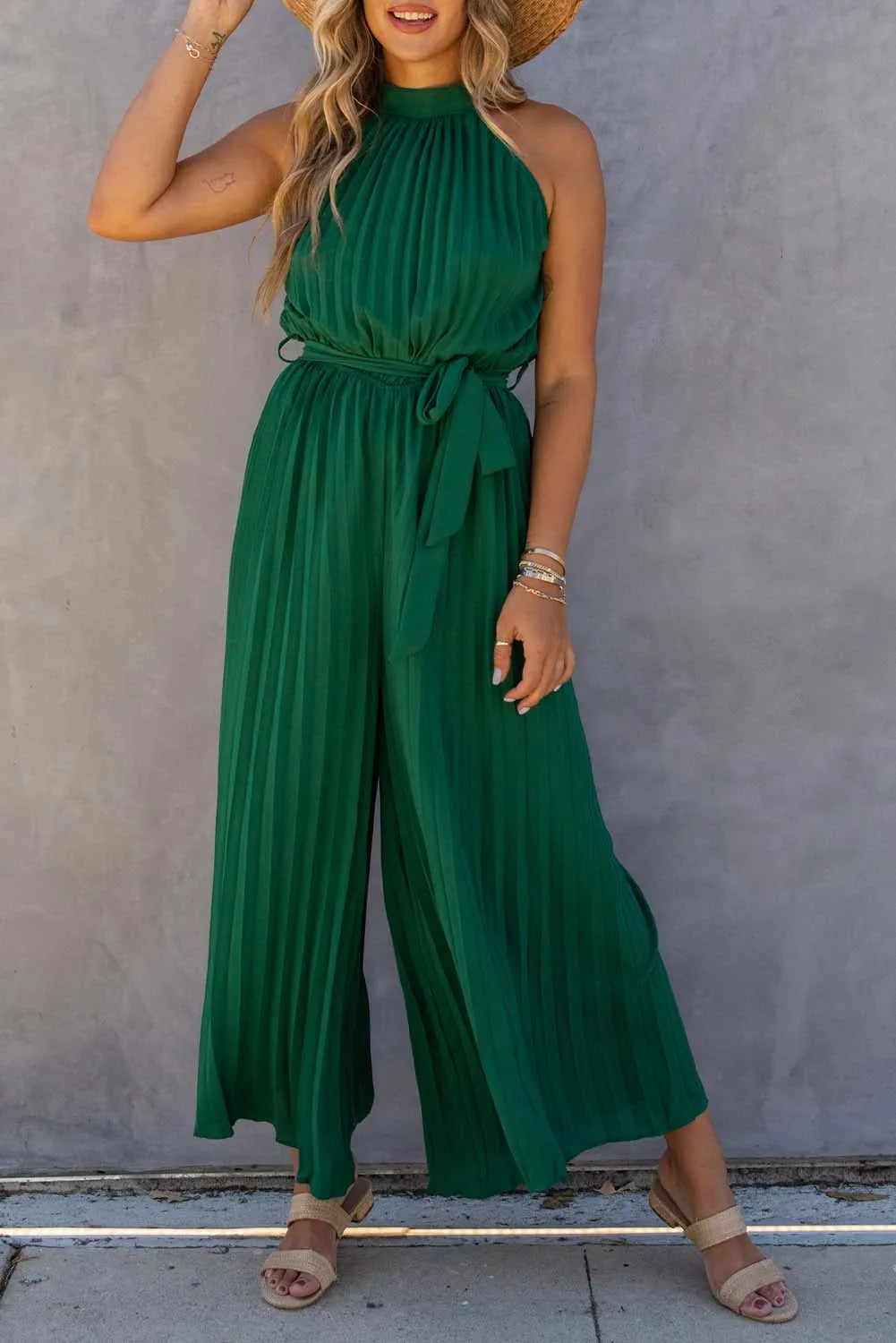 Green Halter Neck Pleated Wide Leg Jumpsuit with Belt - Chic Meadow Boutique 