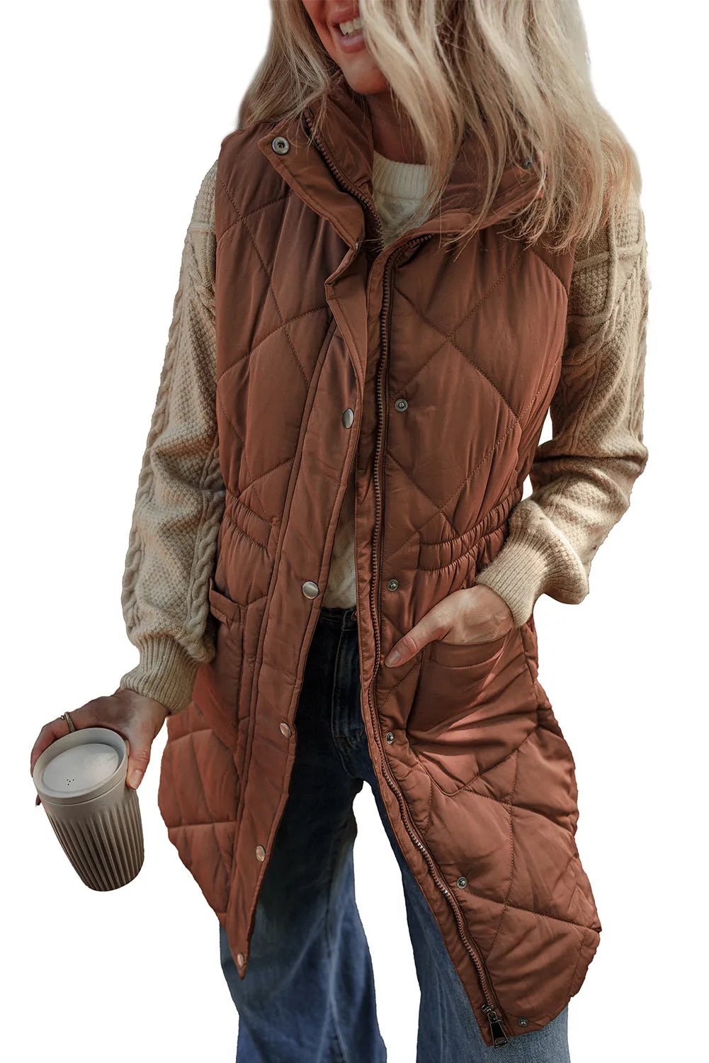 Coffee Longline Quilted Stand Collar Puffer Vest - Chic Meadow Boutique 