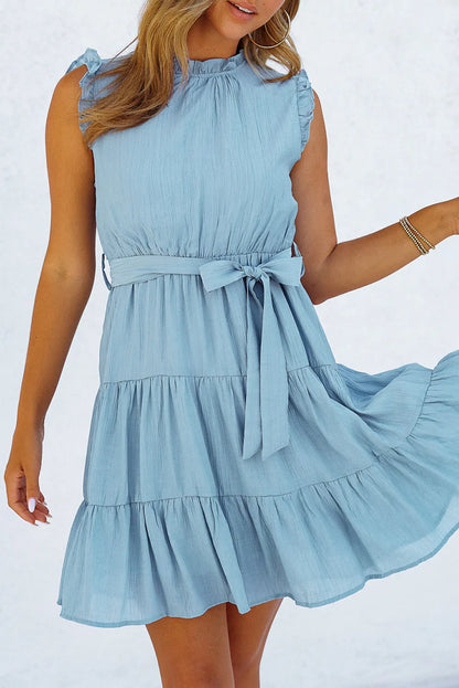 Sky Blue Frilled Neck Sleeveless Tiered Tulle Dress - Chic Meadow Boutique 