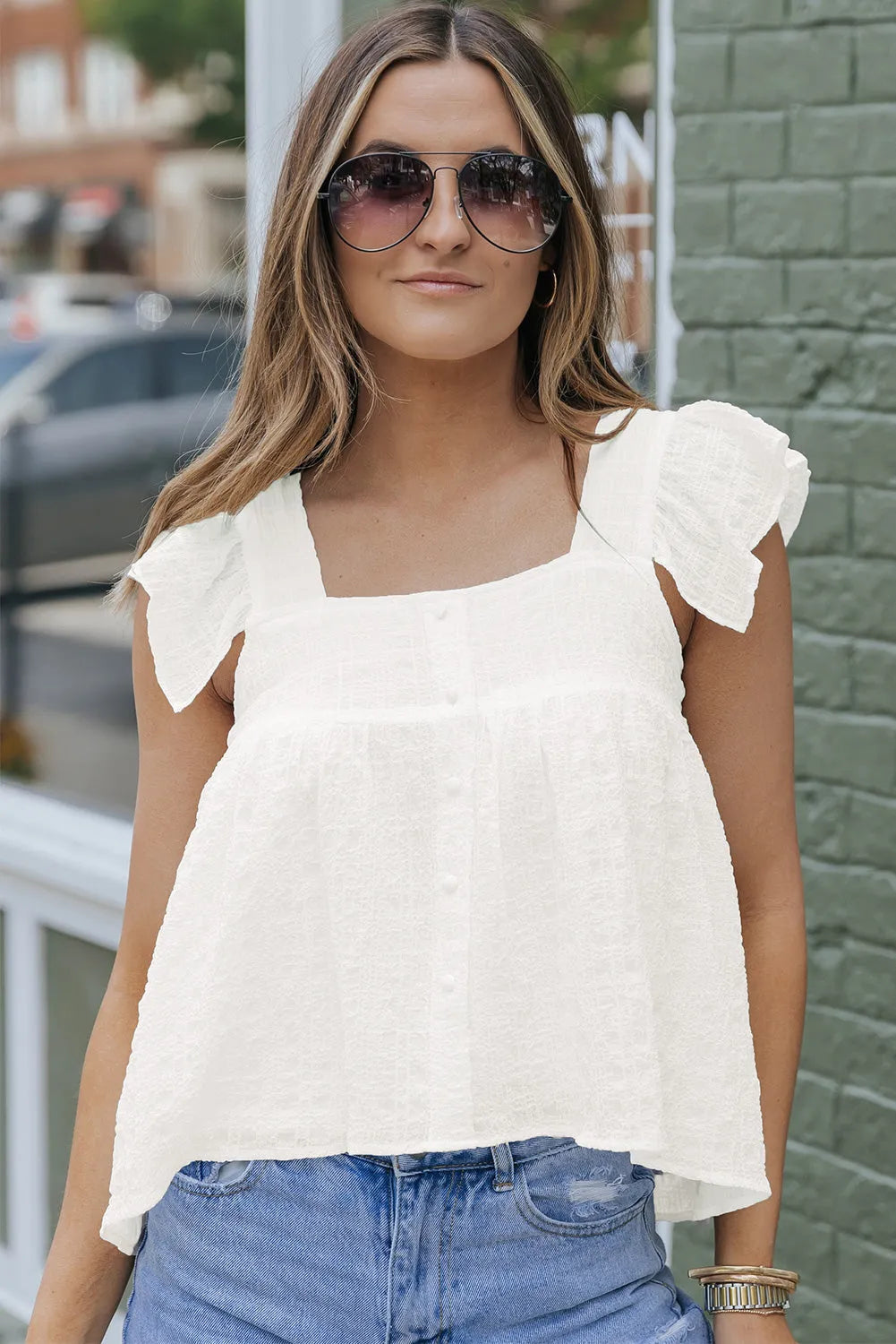 White Square Neck Textured Flowy Tank Top - Chic Meadow Boutique 