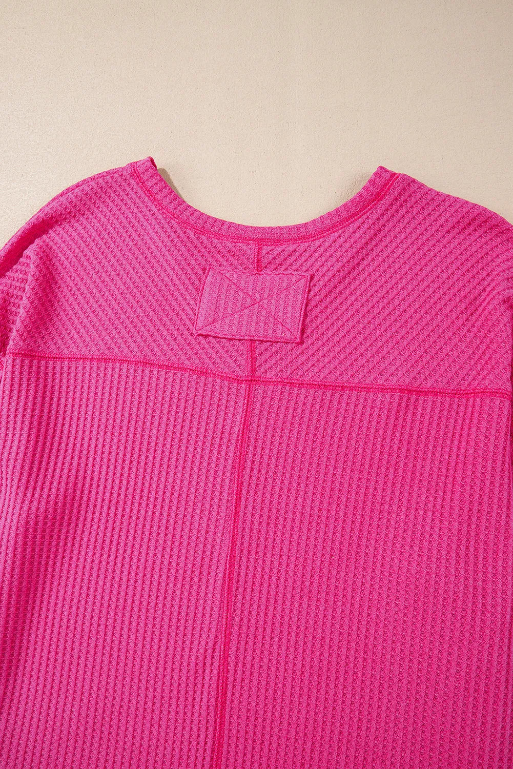 Bright Pink Waffle V Neck Long Sleeve Drop Shoulder Loose Blouse - Chic Meadow Boutique 