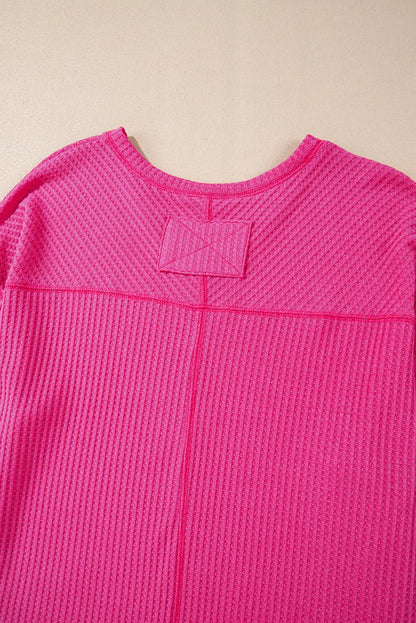 Bright Pink Waffle V Neck Long Sleeve Drop Shoulder Loose Blouse - Chic Meadow Boutique 