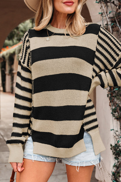 Black Stripe Drop Shoulder Sleeve Patchwork Baggy Sweater