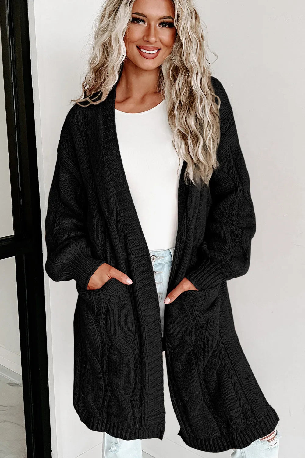 Black Ribbed Trim Eyelet Cable Knit Cardigan - Chic Meadow Boutique 