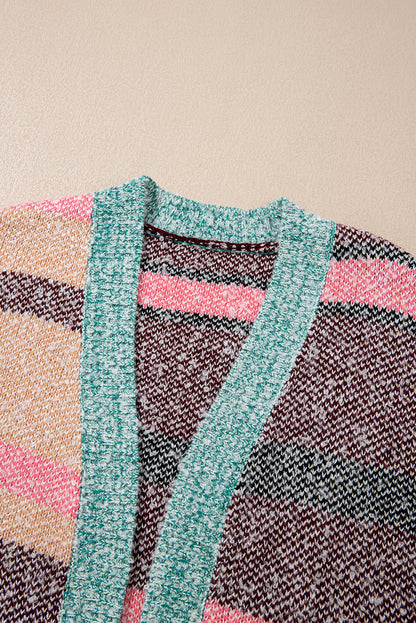 Multicolour Color Block Striped Side Slit Open Front Cardigan