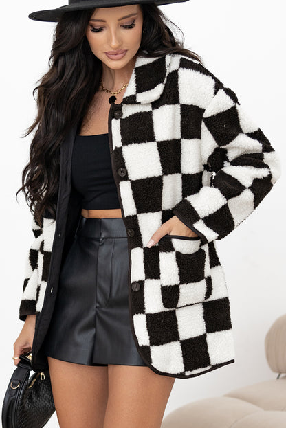 Black Checkered Side Pockets Collared Buttoned Fleece Jacket