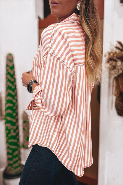 Brown Stripe Western Button Down Long Sleeve Casual Shirt