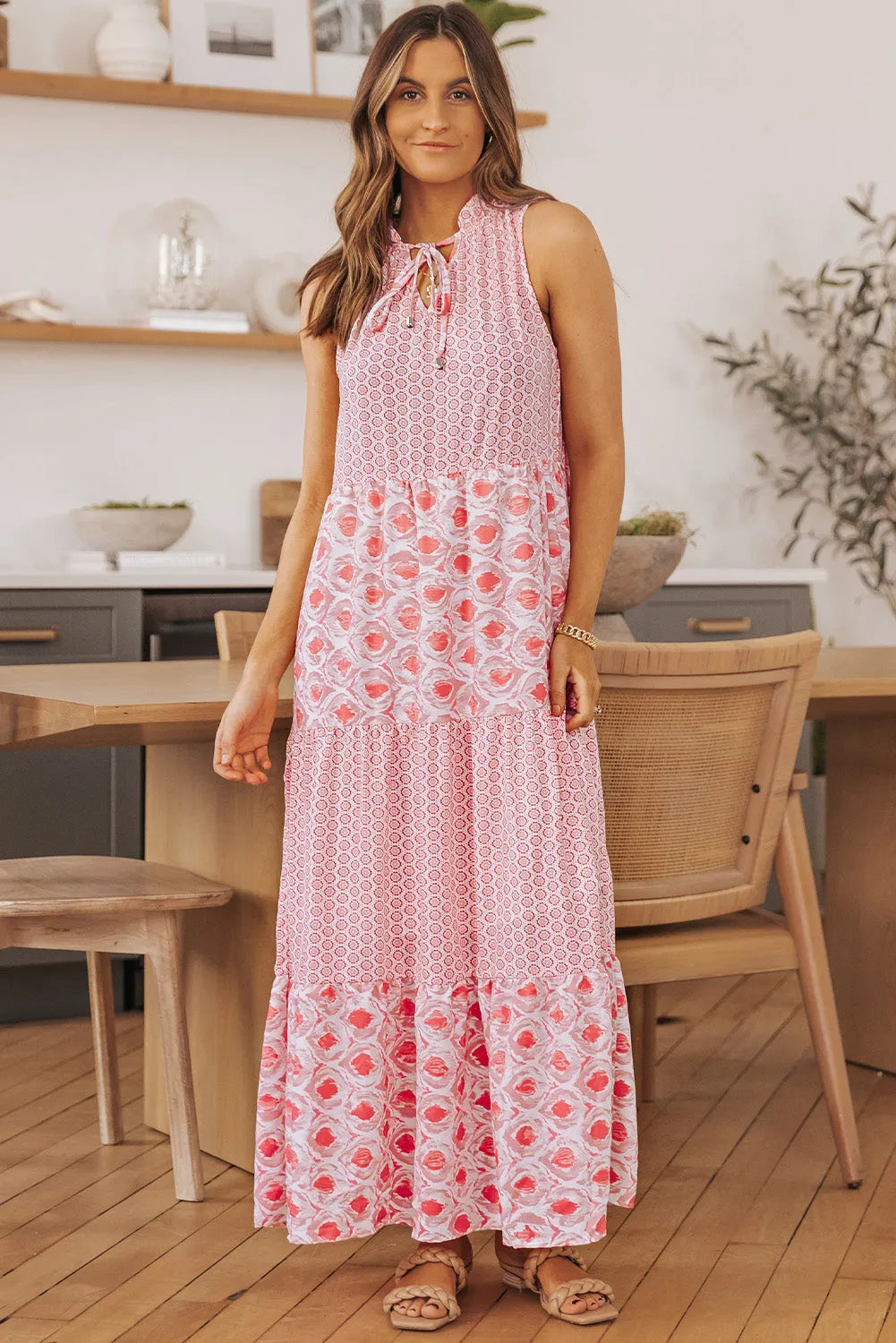 Pink Abstract Print Split Neck Sleeveless Maxi Dress - Chic Meadow Boutique 