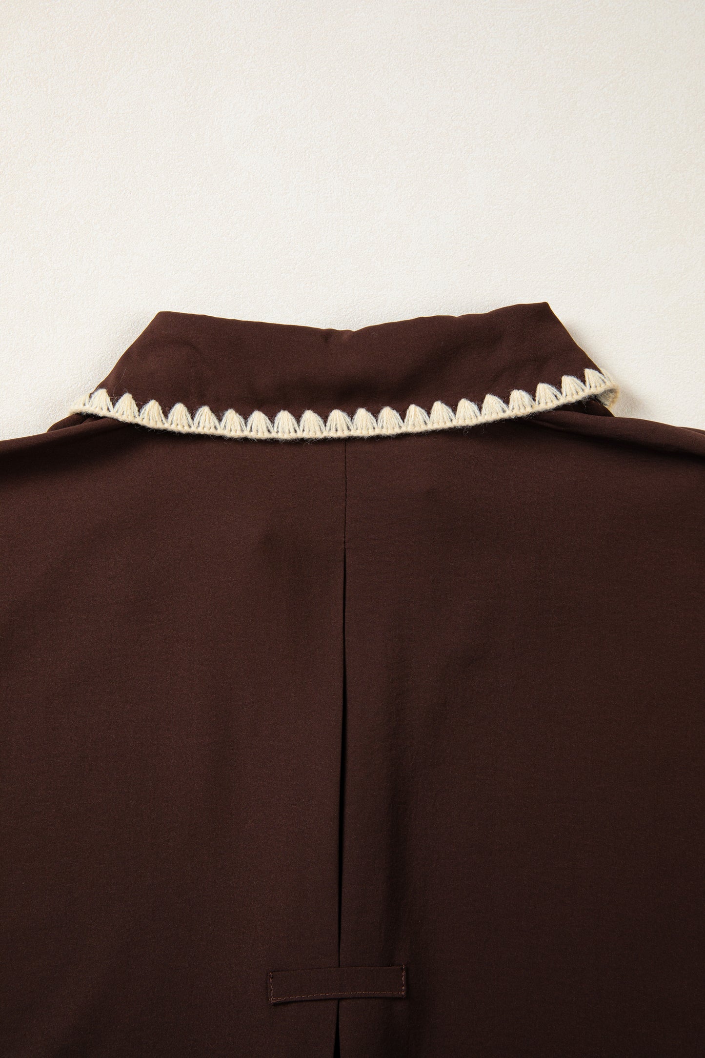 Coffee Shirt Collar Contrast Trim Button V Neck Short Sleeve Blouse