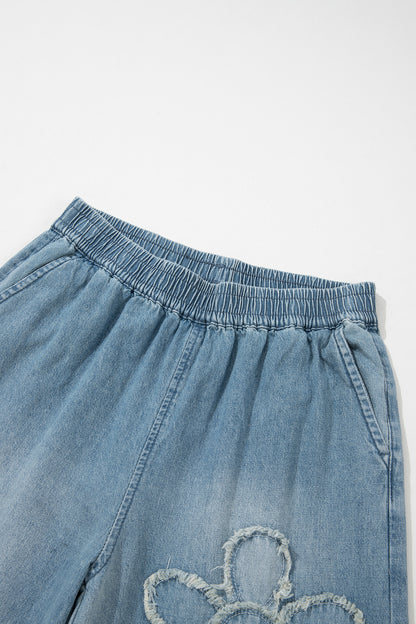 Beau Blue Frayed Floral Patch Wide Leg Raw Hem Wide Leg Jeans