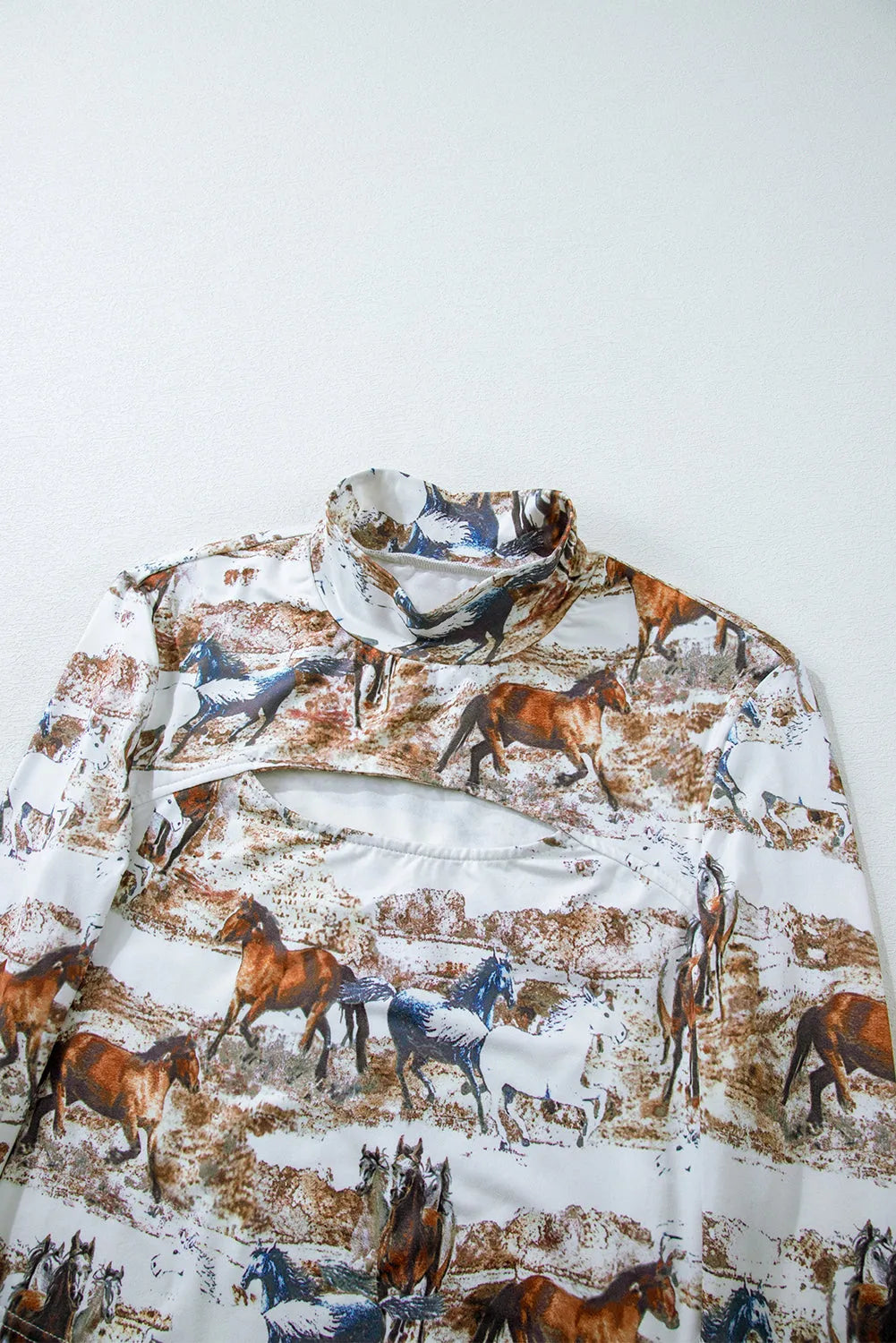 Brown Western Wild Horses Print Hollow-out High Neck Top - Chic Meadow Boutique 