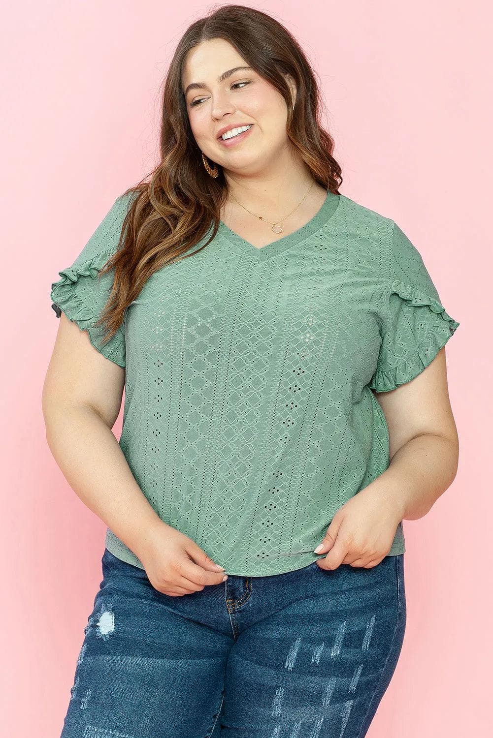 Plus Size/Plus Size Tops/Plus Size Blouses & Shirts Laurel Green / 1X / 95%Polyester+5%Elastane Laurel Green Petal Sleeve Jacquard V Neck Curvy Blouse