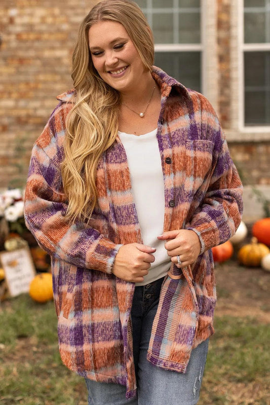 Plus Size/Plus Size Outerwear Multicolour / 1X / 100%Polyester Multicolour Plus Size Plaid Print Collared Button up Jacket