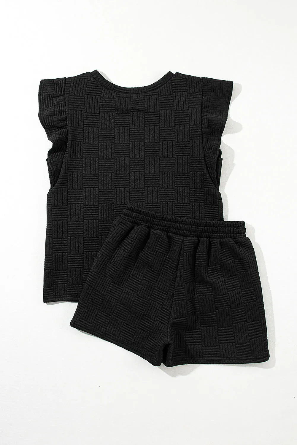 Black Textured Ruffled Sleeve Tee and Drawstring Shorts Set - Chic Meadow Boutique 