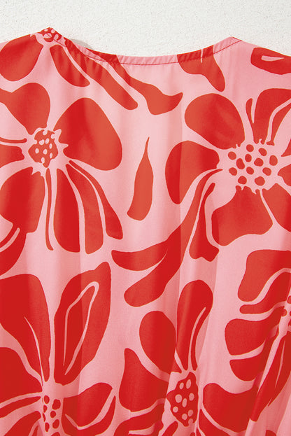 Red Boho Floral Short Sleeve V Neck Buttoned Shirred Waist Long Dress