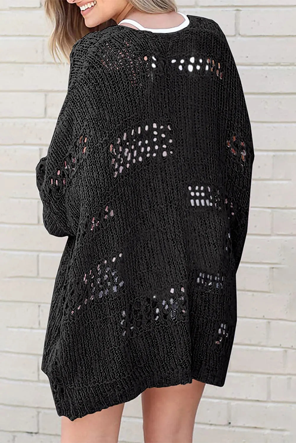 Black Casual Hollowed Knit Dolman Sleeve Cardigan - Chic Meadow Boutique 