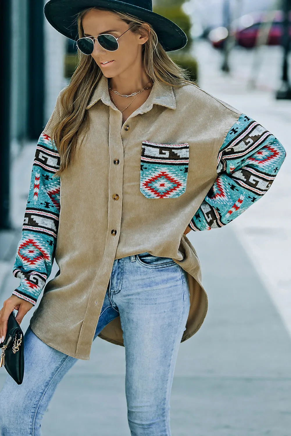 Khaki Aztec Pattern Sleeve Pocketed Corduroy Shacket - Chic Meadow Boutique 