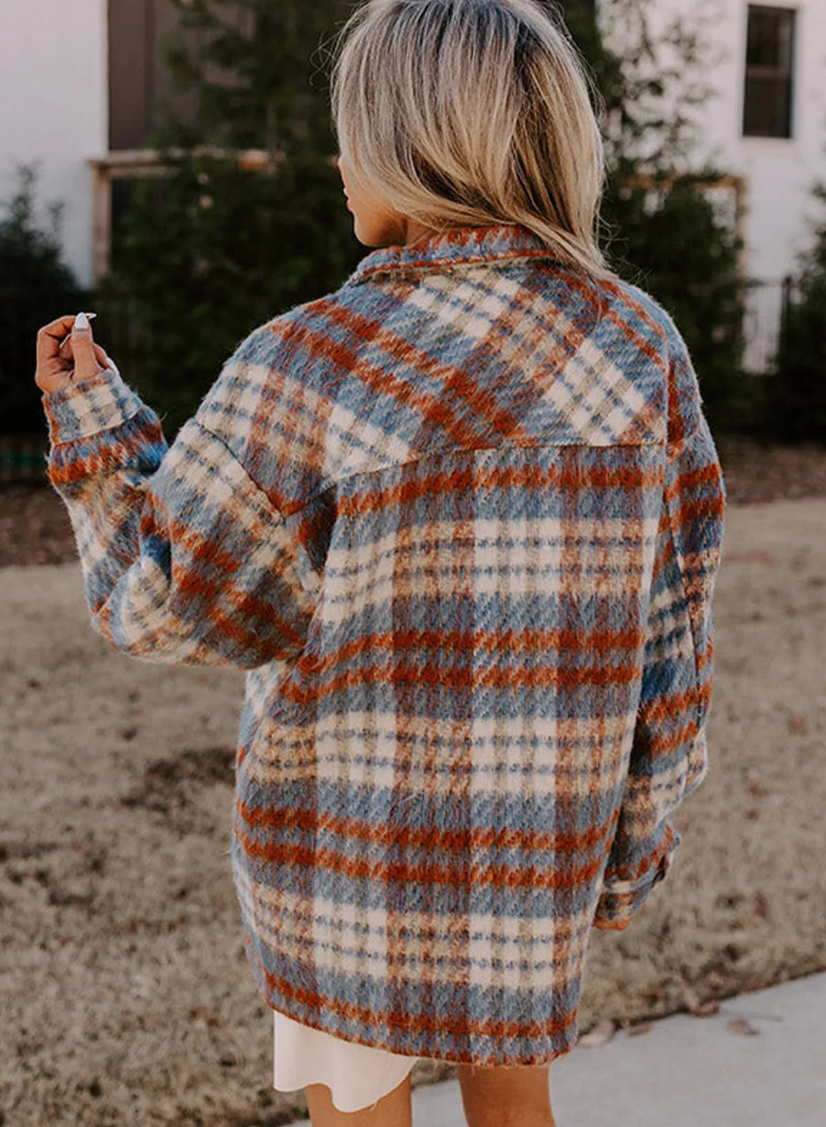 Cinnamon Plaid Print Chest Pockets Turn Down Collar Shacket - Chic Meadow Boutique 