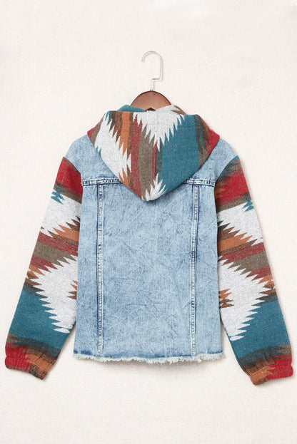 Multicolor Aztec Print Frayed Hem Denim Jacket - Chic Meadow Boutique 