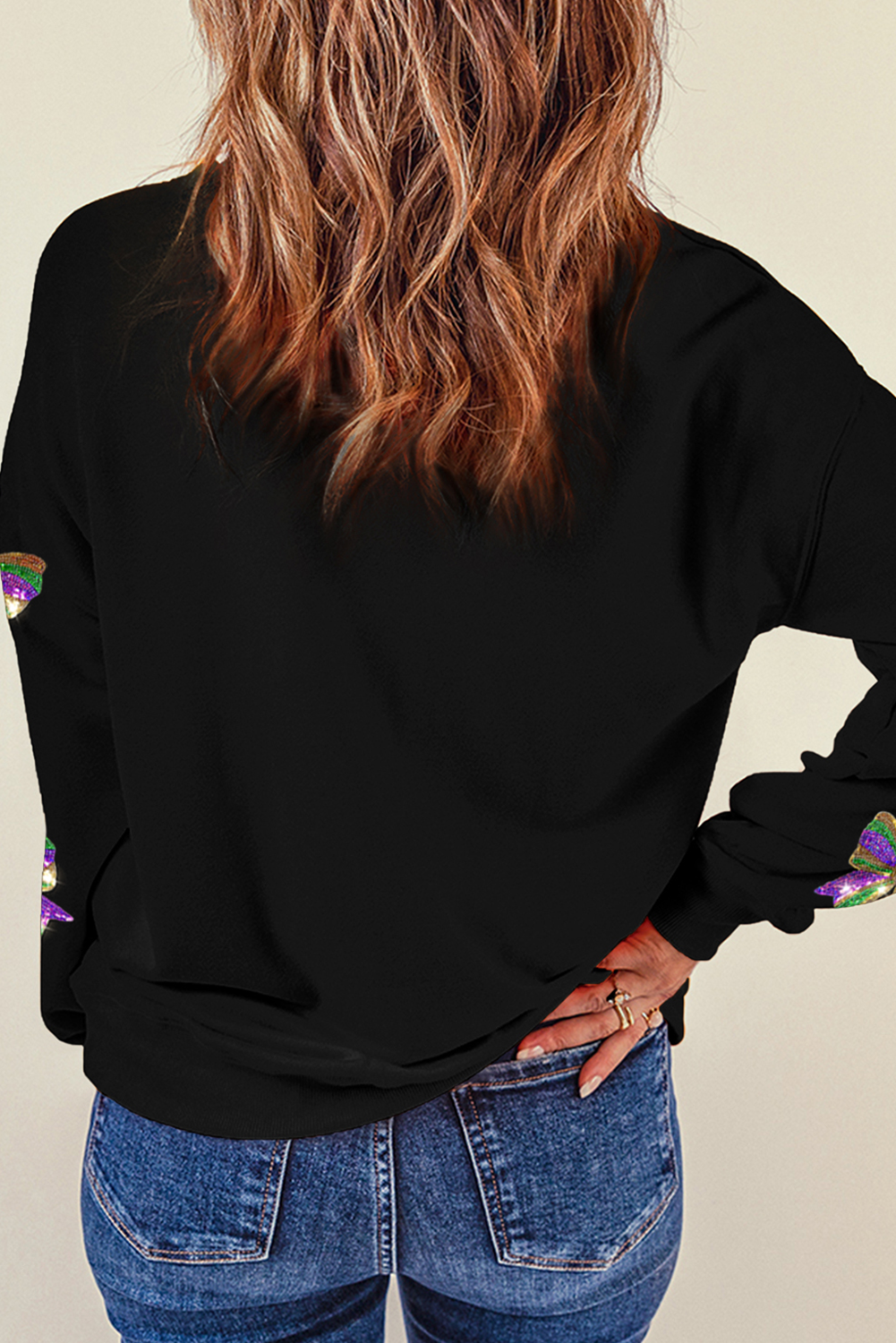 Black Sequin Mardi Gras Bow Graphic Drop Shoulder Pullover Sweatshirt