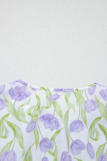Purple Tulip Floral Print Contrast Trim Midi Dress