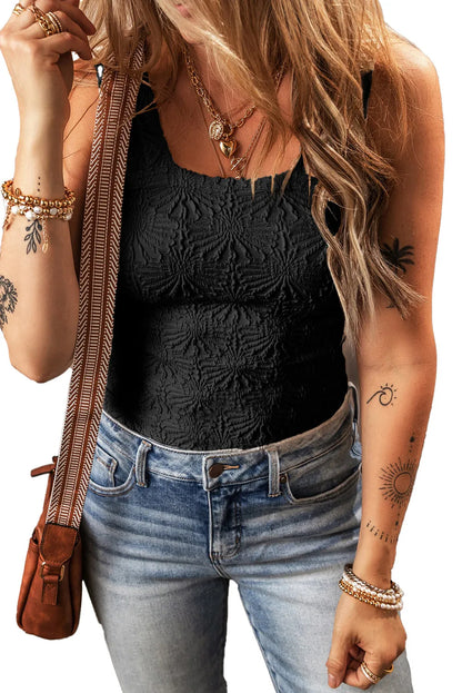 Black Floral Jacquard Square Neck Tank Top - Chic Meadow Boutique 