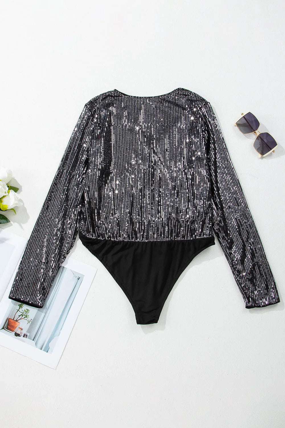 Black Sequin Mesh Long Sleeve Surplice Neck Bodysuit - Chic Meadow Boutique 