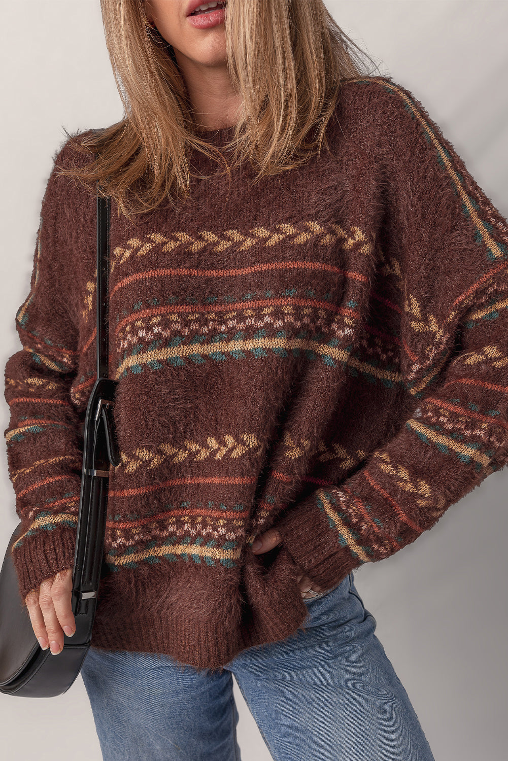 Brown Ethnic Pattern Mohair Knitted Drop Shoulder Sweater