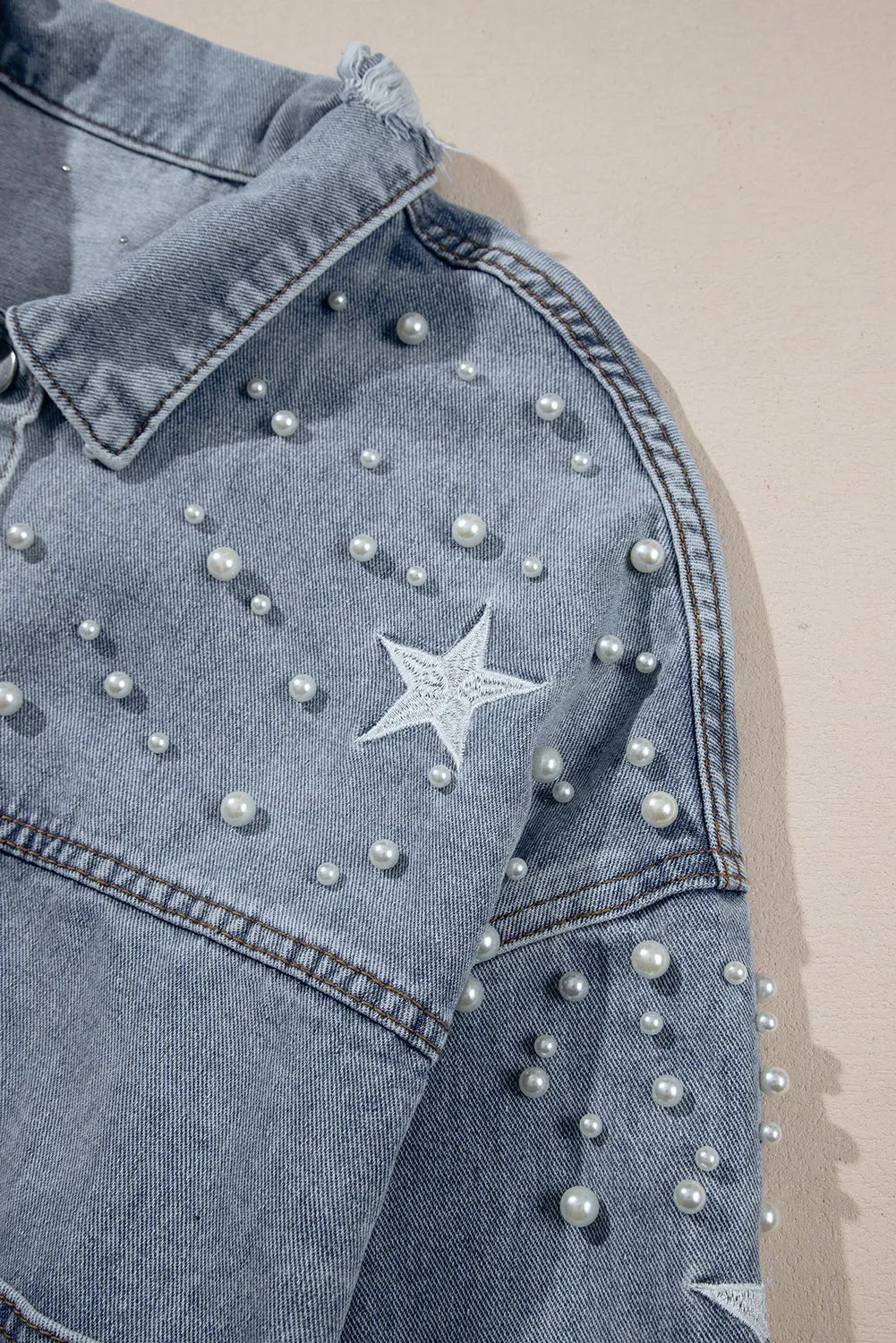 Sky Blue Distressed Pearls Star Cropped Denim Jacket - Chic Meadow Boutique 