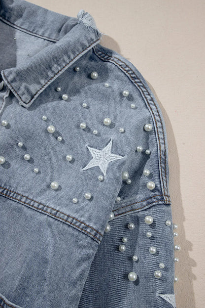 Sky Blue Distressed Pearls Star Cropped Denim Jacket - Chic Meadow Boutique 