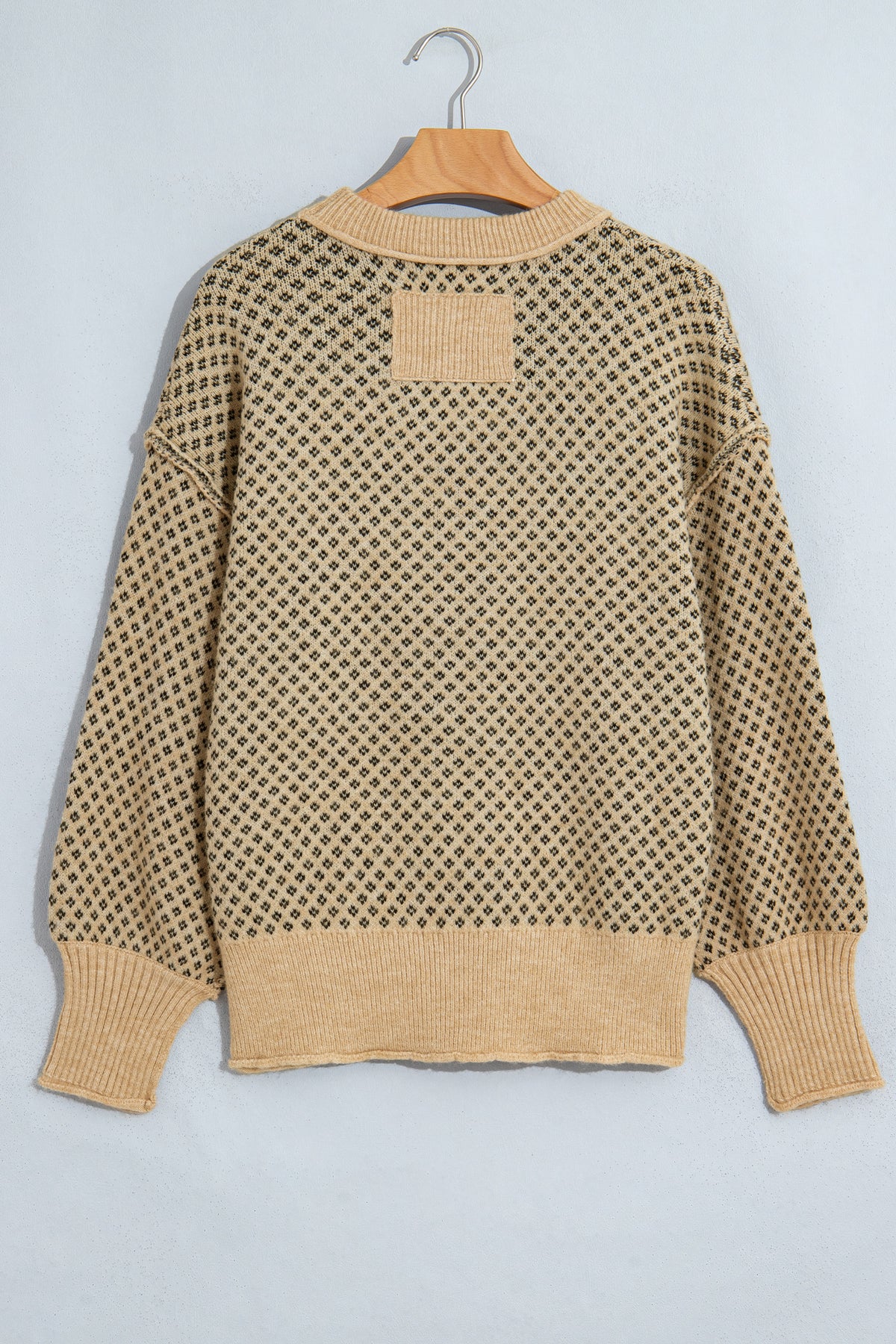 Khaki Geometric Print Drop Shoulder Round Neck Long Sleeve Sweater