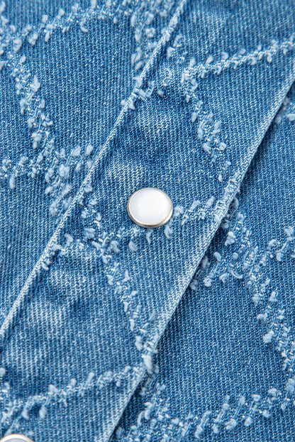 Dusk Blue Checkered Textured Short Sleeve Patched Pocket Denim Shirt