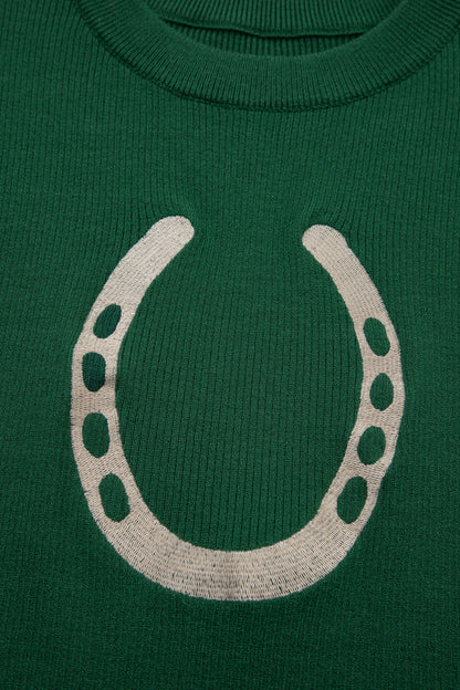Blackish Green Horseshoe Graphic Western Short Sleeve Sweater
