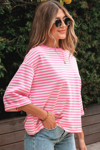 Pink Stripe Bowknot Cutout Back Drop Shoulder Wide Bracelet Sleeve Loose Tee