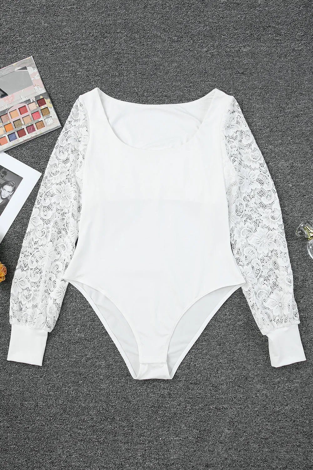 White Lace Sleeves Square Neck Bodysuit - Chic Meadow Boutique 