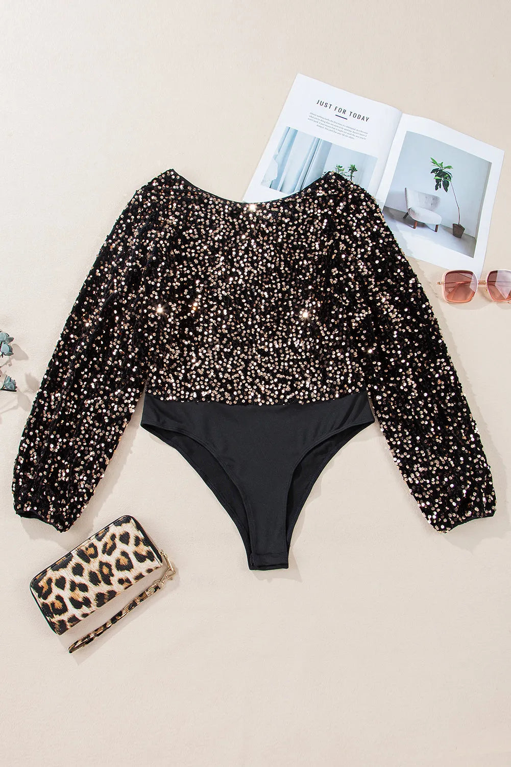 Black Deep V Back Sequin Puff Sleeve Bodysuit - Chic Meadow Boutique 