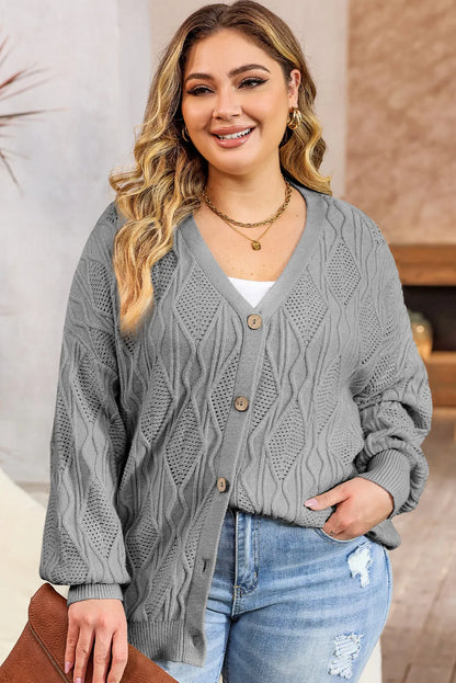 Gray Plus Size Knitted Hollow out Button up Cardigan - Chic Meadow Boutique 