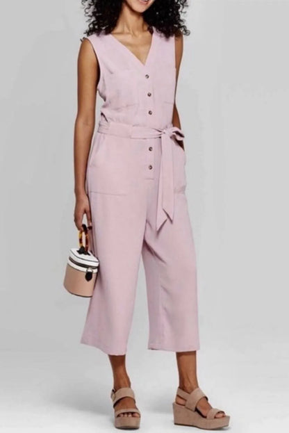 Pink Buttoned Sleeveless Cropped Jumpsuit with Sash - Chic Meadow Boutique 