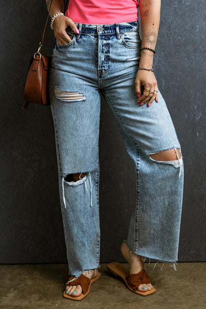 Bottoms/Jeans Light Blue Distressed Ripped Raw Hem Straight Jeans