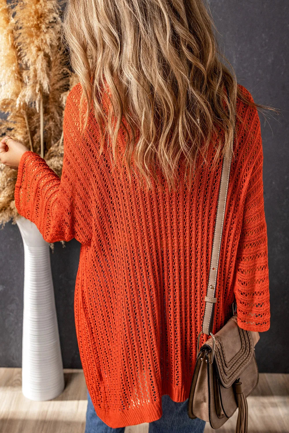 Orange Hollow-out Knit Kimono Lightweight Cardigan - Chic Meadow Boutique 